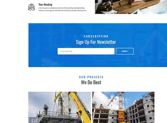 A blue and white website design for a construction company.