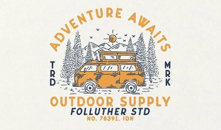 Adventure awaits outdoor supply logo.