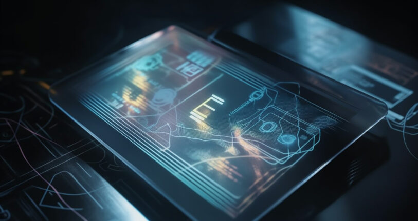 A futuristic electronic device is shown on a dark background.